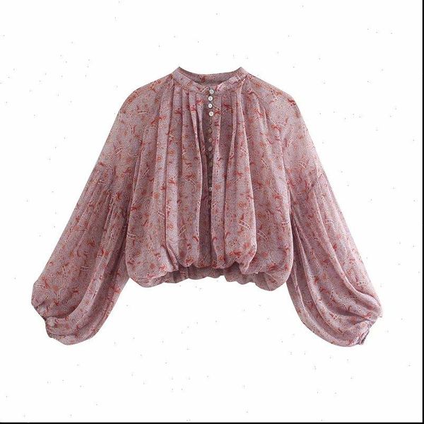 

za summer chiffon pink woman blouses 2021 printed crop o neck balloon sleeve womens shirts holiday casual tulle blouse, White