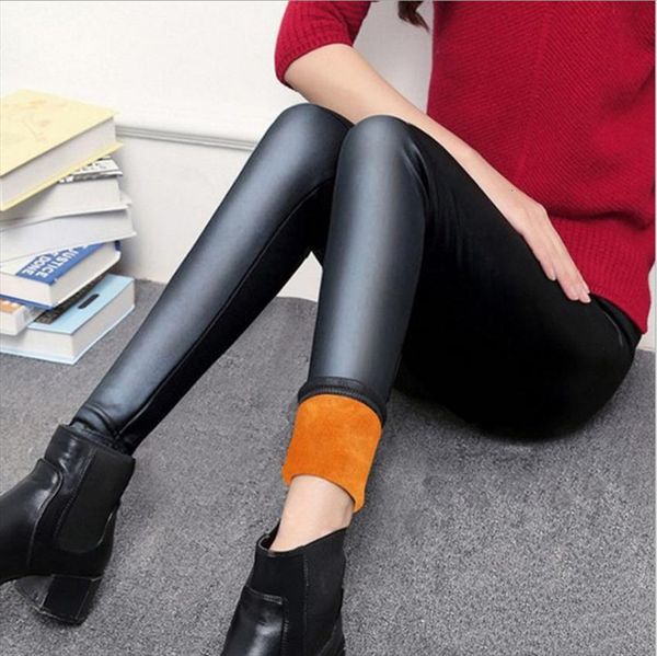 

fast dropshipping faux leggings womens capris thick leather plus velvet black small feet winter trousers, Black;white