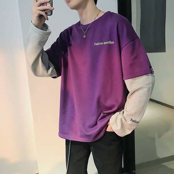 

2021 new t-shirt mens hip hop patchwork spring tee long sleeve solid korean t shirt males casual japan tshirt streetwear boy t3ks, White;black
