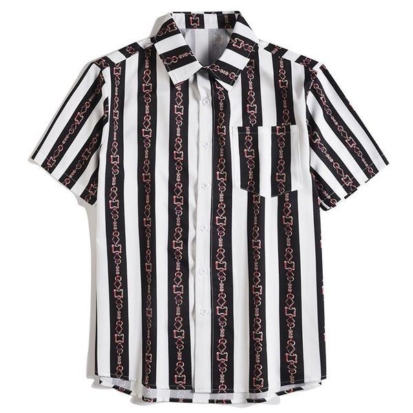 

men's casual shirts 2021 fashion striped shirt with print male floral man buttoned oversized short sleeve hawaiian high quality, White;black
