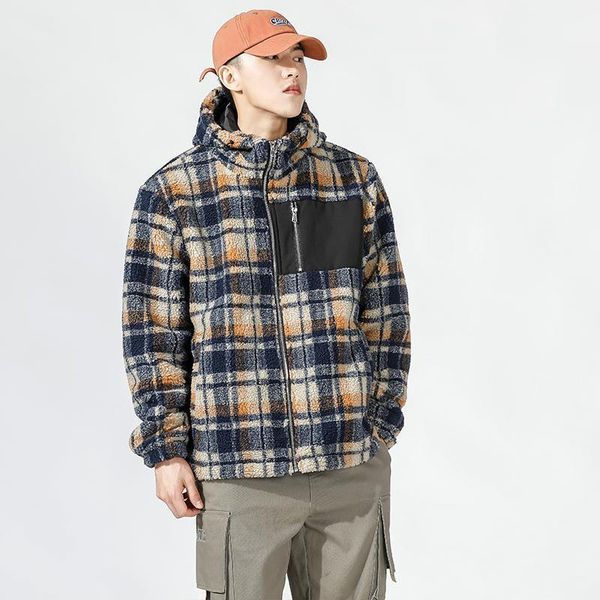 

men's jackets autumn polar fleece plaid jacket men loose warm hooded outerwear fashion windbreaker zipper thicken coat male clothing, Black;brown