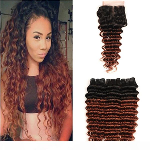 

dark auburn ombre deep wave peruvian human hair weave bundles with closure #1b 33 copper red human hair lace closure 4x4 with bundles, Black;brown