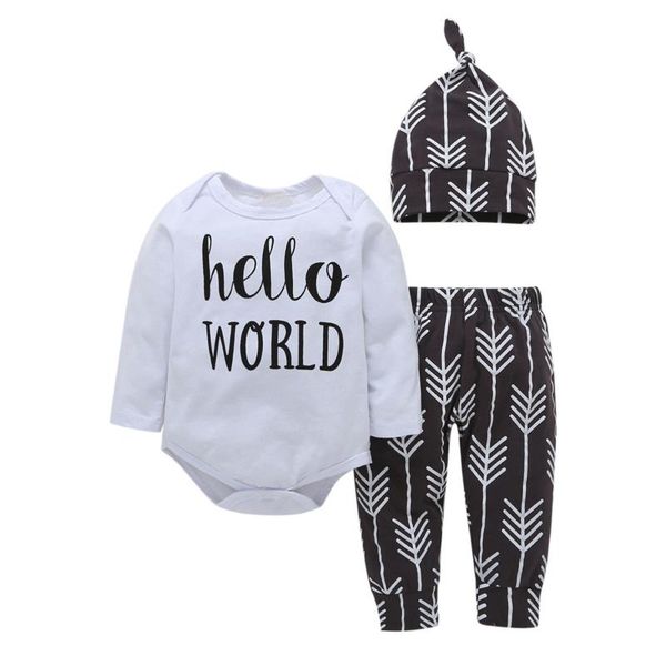 

clothing sets hello world letter born baby spring clothes set infant boys +trees printed pant hat 3pcs outfits unisex, White