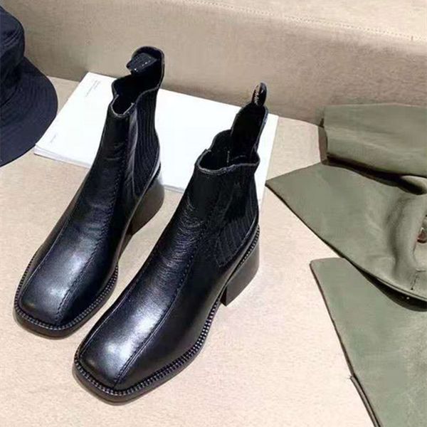 

square toe women's autumn and winter 2021 thick heel martin black chelsea elastic band short boots