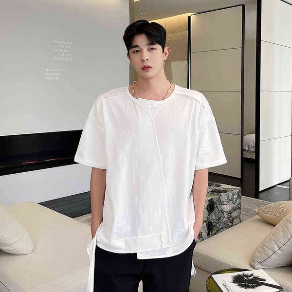 

summer new short sleeve t-shirt men's fashion irregular short sleeve t-shirt men's japanese simple solid color round neck g1217, White;black