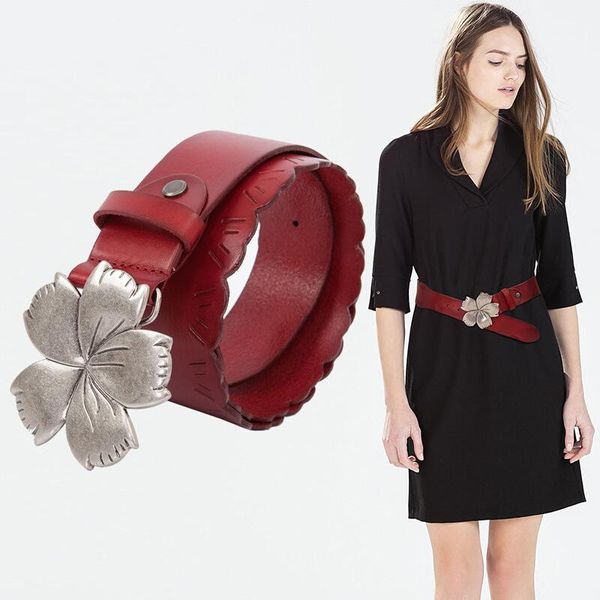 

belts vintage leather belt genuine jeans classic retro flower buckle designer luxury female, Black;brown