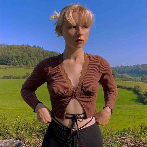 

rapcopter y2k crop long sleeve knitwear lace patched t shirt v neck button up knitted women deep v-neck clubwear, White