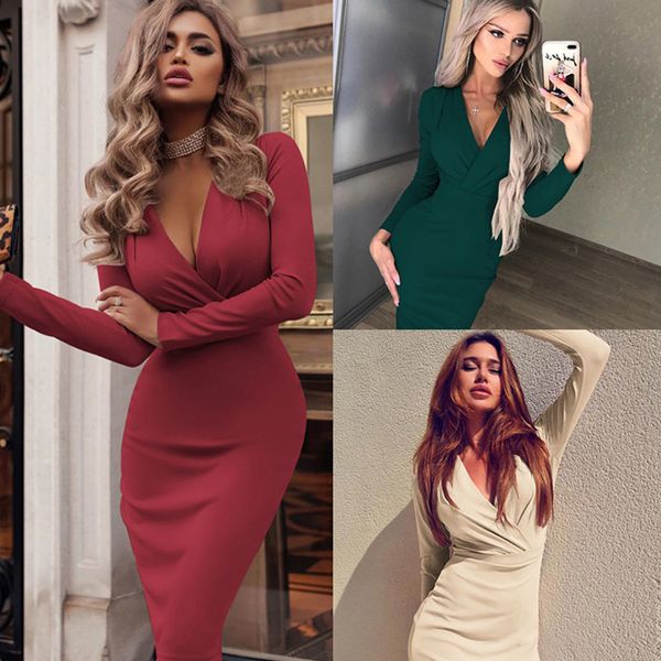 

2021 new women deep v-neck bodycon spring autumn loong sleeve pencil es ladies slim fit knee-length party clubwear 98fo, Black;gray