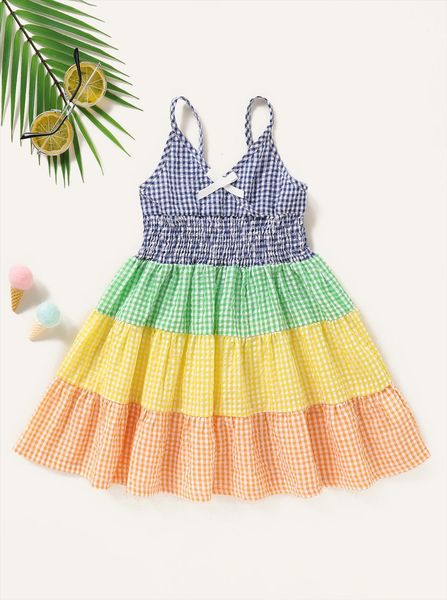 

summer girls strap plaid bow girl dress sleeveless party princess cute children baby kids clothing 1 6y, Red;yellow