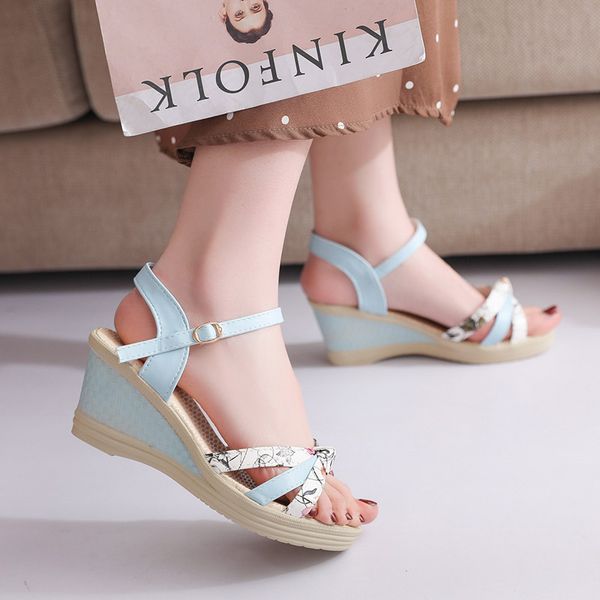 

plus size summer shoes wedges sandals woman platform shoes flower print sandal high heels ladies shoes mujer 7259, Black