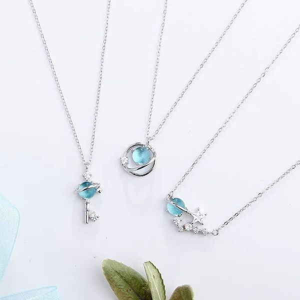 

engraved blue star necklace female fashion blue crystal pendant student's clavicle chain gift for girlfriend, Black