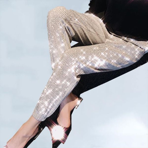 

autumn drilling casual pantalon women capris femme loose plus size 5xl shiny fashion pantalones mujer 65, Black;white