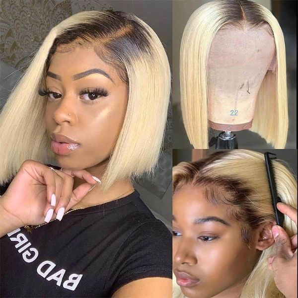 

lace wigs 1b 613 ombre blonde bob wig straight human hair 13x4 front brazilian short blunt cut for black women licoville, Black;brown
