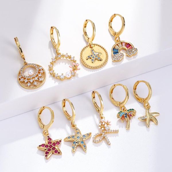 

hoop & huggie rainbow earrings cubic zircon animals plant dangle gold star tree ear rings for female 2021 trend korean fashion, Golden;silver