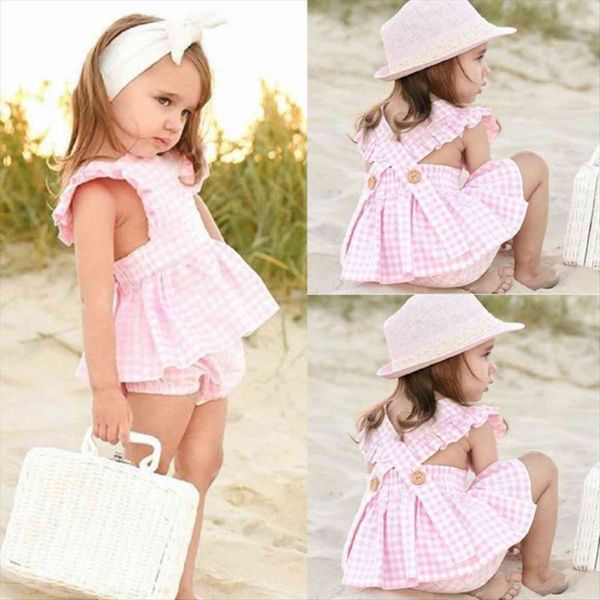 

2pcs pink plaid girls clothes summer sleeveless ruffle dress shorts toddler girl kid outfits set baby, White