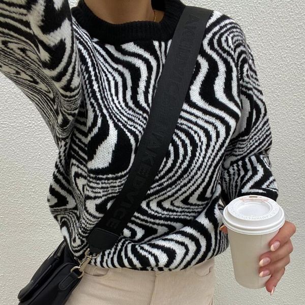 

women's sweaters trendy ripple printed sweater women ladies long sleeve creative autumn winter round collar knitted loose wild pullover, White;black