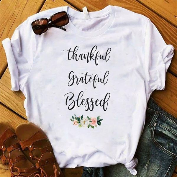 

thankful grateful blessed flower printed womens t shirt tee clothes graphic, White