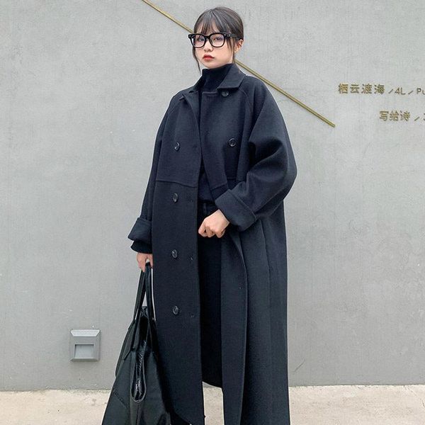 

women's wool & blends 2021 fashion women full sleeve solid jacket korea style autumn winter thick warm long blend elegant loose coats w, Black