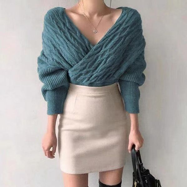 

women's sweaters autumn women chic long batwing sleeves knitted female ladies plunging neckline solid color knitwear pullovers, White;black
