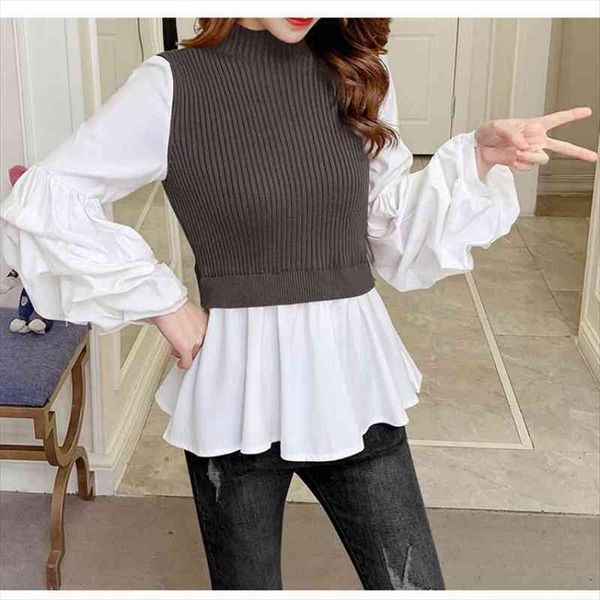 

autumn patchwork knitted pullovers women slim fit lantern sleeve jumper dress shirts turtleneck elegant sweater femme, White;black