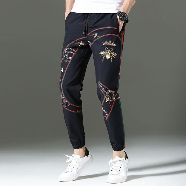 

2021 summer new tide brand style printed casual men's trousers korean version sports tied thin men hip hop white ing, Black