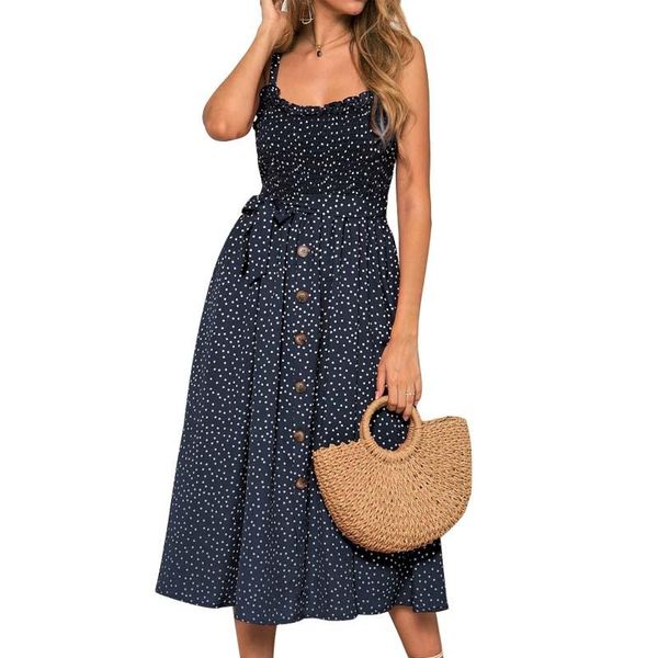 

casual dresses polka dots print button spaghetti strap sleeveless dress women summer off shoulder streetwear beach ladies, Black;gray