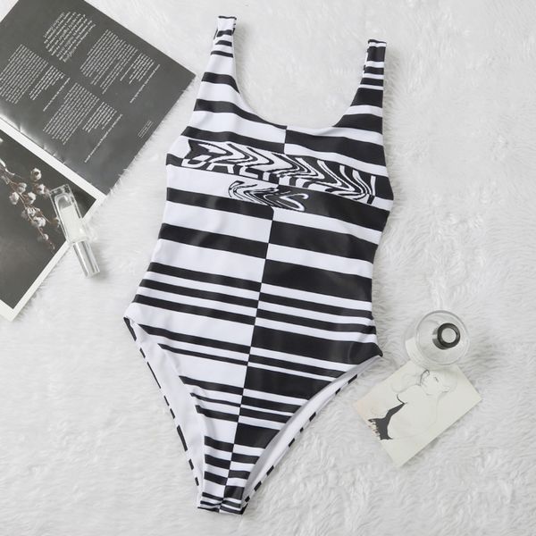

fashion brand swimsuit women's open back stripe color matching bla letter triangle one piece spring swimsuit0, White;black
