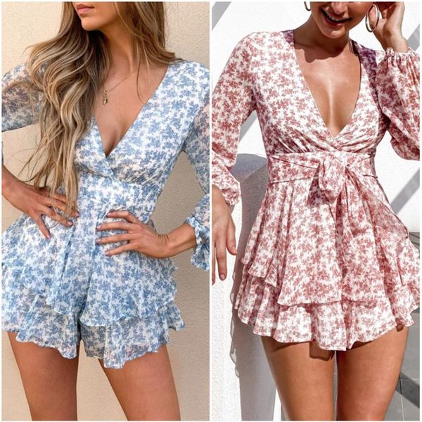 

women's jumpsuits & rompers 2021 fashion boho short trousers long sleeve floral print v neck loose casual spring autumn one piece, Black;white