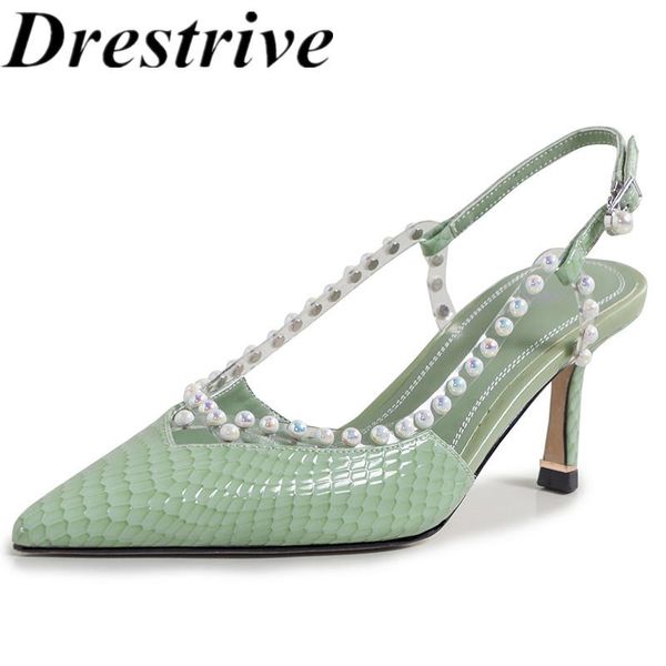 

sandals drestrive full genuine leather 2021 summer women pumps pointed toe bead buckle high heel shoes black cow size 41