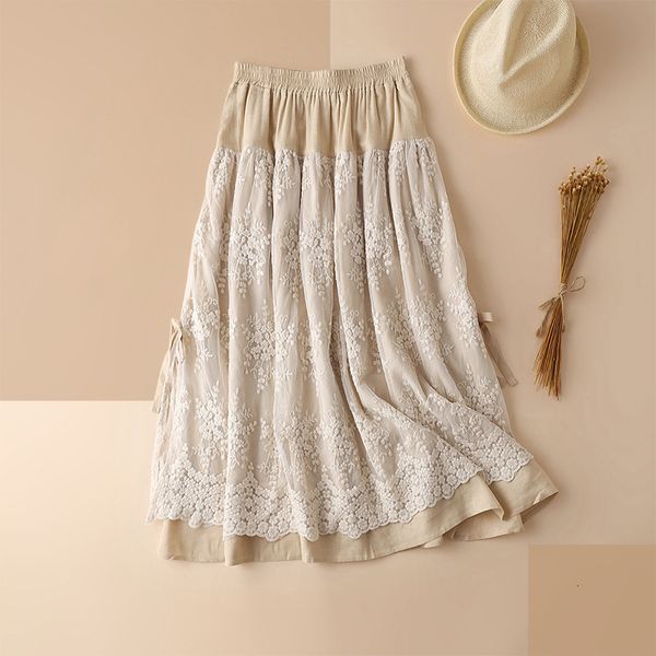 

2021 new women spring summer japan style harajuku cotton linen vintage sweet lace patchwork breathable soft simple casual pleated skirts 6gg, Black