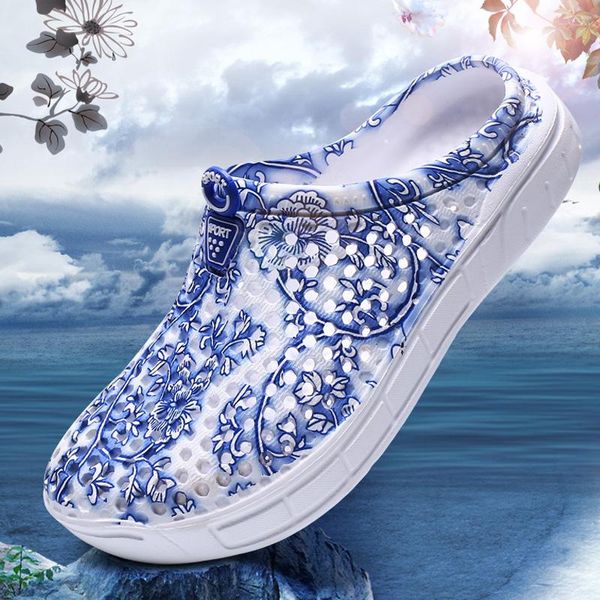 

gaoke 2021 summer women beach slippers blue and white print breathable mesh shoes for flip flop massage slippers plus size 41, Black