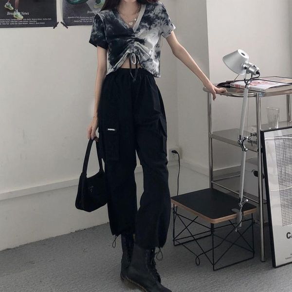 

women's pants & capris women harajuku streetwear black cargo hippie gothic joggers sweatpants oversize autumn wide leg trousers for fem, Black;white
