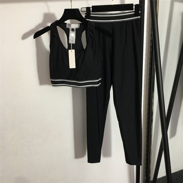 

trendy letter designer yoga sports 2 piece set tracksuits elastic waist webbing suspender vest leggings with chest pad, Gray