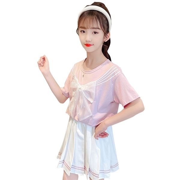 

kids summer clothes girls tshirt + skirt outfits pearls clothing sets mesh costumes for children 210527, White
