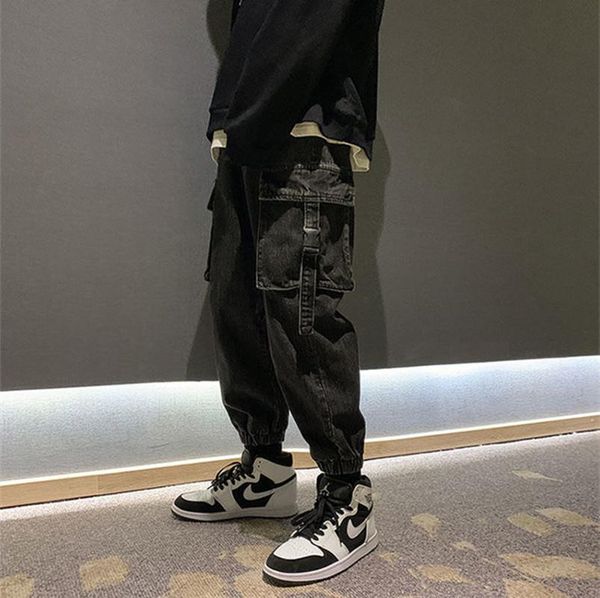 

men's jeans 2021 men's tooling autumn fashion trendy brand wide-leg loose-fitting pants large pocket winter black, Blue