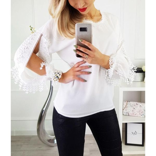 

women's blouses & shirts 2021 summer lace chiffon blouse women long sleeve o neck casual shirt elegant office ladies blusa mujer sj219, White