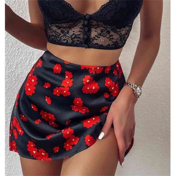 

skirts minifalda elegante bohemia para mujer, falda corta de satn floral s60de cintura alta, kawaii, rosa, srtk, Black