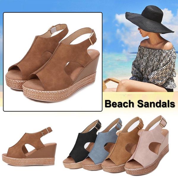 

sandals women's ladies fashion solid wedges casual buckle strap roman shoes, Black