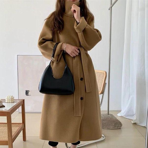 

women's wool & blends women 2021 autumn winter long coats jacket female double breasted cashmere fashion warm casual woolen outwear a29, Black