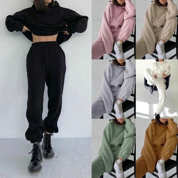 

women solid color tracksuit two pieces set long sleeve hoodies loose pants women homewear with pocket fashion female casual set, White