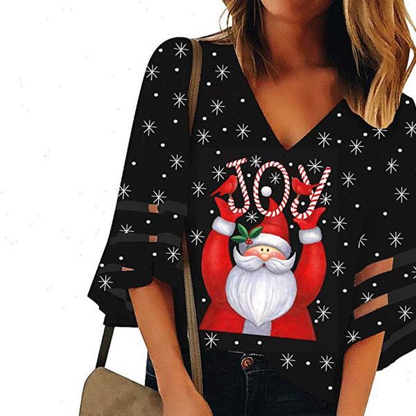 

vintage christmas blouse shirts womens v neck mesh trumpet sleeves loose christmas santa claus print blusa feminina 45, White