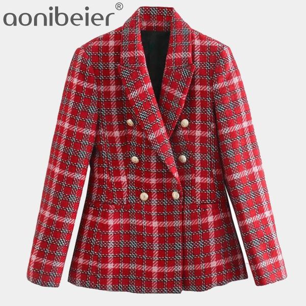 

women's suits & blazers aonibeier england style vintage plaid double breasted tweed party casual blazer women mujer 2021 jackets, White;black