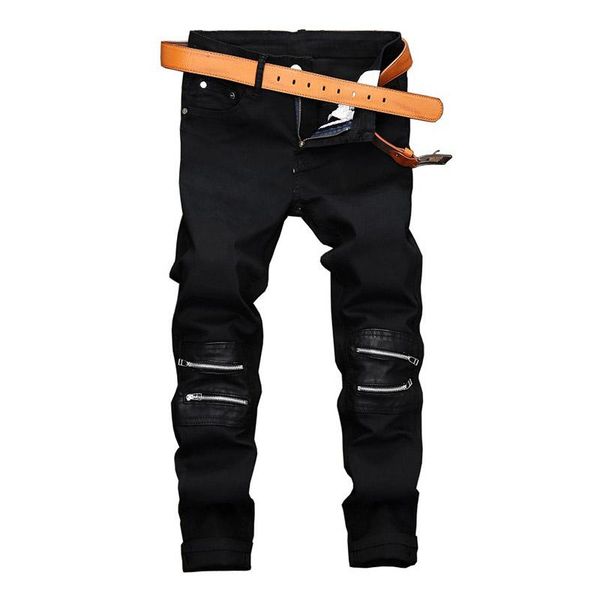 

mcikkny men fashion high street jeans trousers leather patchwork stretch denim pants for male nightclub streetwear, Blue