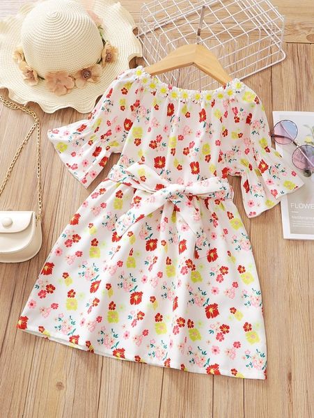 

toddler girls floral print flounce sleeve belted dress she, Red;yellow