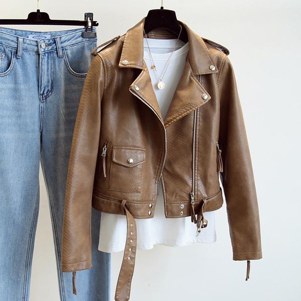 

women's leather & faux 2021 spring autumn women jacket streetwear khaki coat biker moto with belt female outerwear, Black