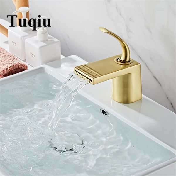 

2021 new waterfall mixer tap brushed gold wash basin faucet handle single hole crane for bathroom hkw6