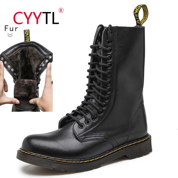 

cyytl men fashion winter lace-up leather shoes high-warm houden knee laarzen waterproof fur tooling boots para hombre, Black