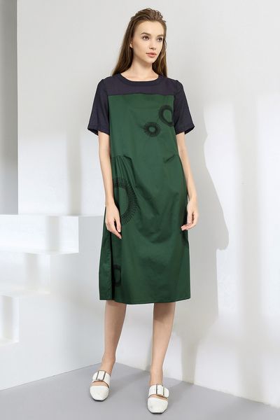 

2021 summer new women retro embroidered green female splicing casual color matching party vestidos 9624, Black;gray