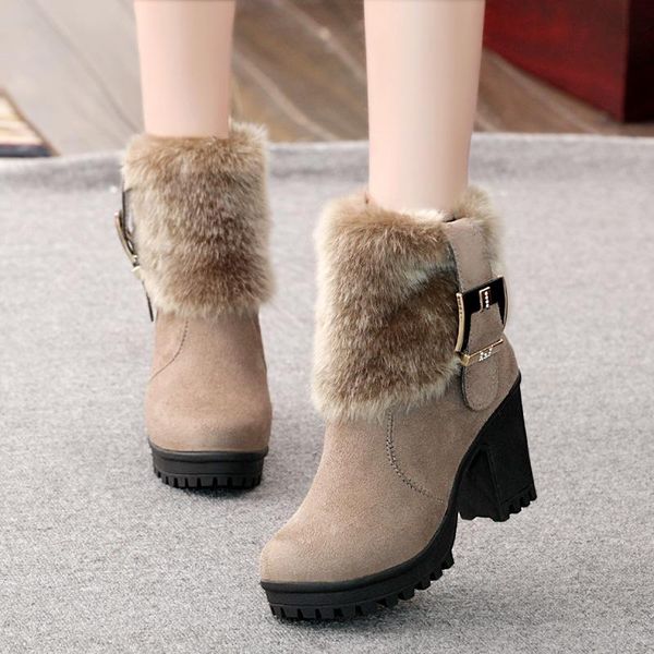 

boots 2021 square heel women winter shoes classic buckle warm fur snow ladies high heels black platform ankle botas