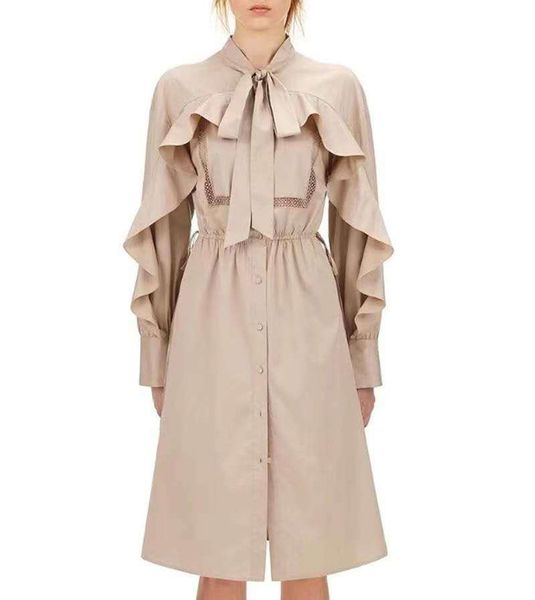 

new spring autumn runway dress 2021 elegant ruffles bow long sleeve khaki midi dresses for women, Black;gray